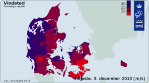 Kraftigste vindstød torsdag den 5. december 2013