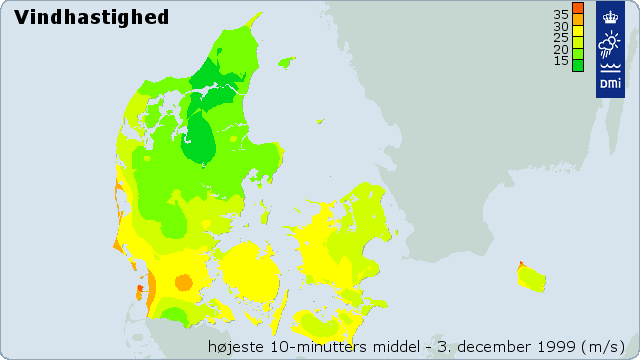Højeste middelvind under decemberorkanen Højeste middelvind under decemberorkanen
