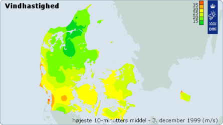 Højeste middelvind under decemberorkanen