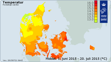 Middeltemperatur 1. juni til 20. juli 2015.