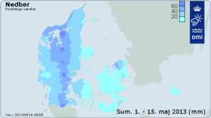 Nedbøren i Danmark 1. til 15. maj 2013