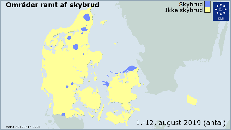 Kort som viser hvor der har været registreret skybrud