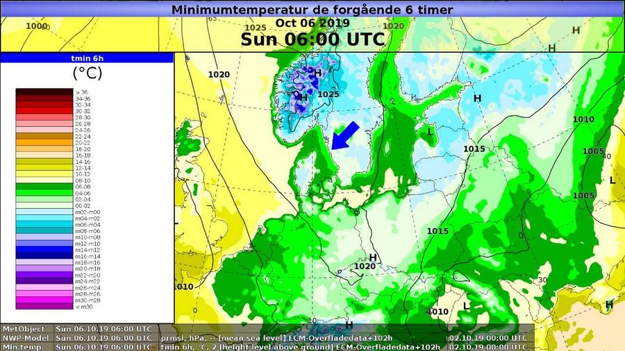 Temperaturprognose for søndag morgen