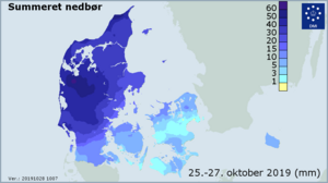 Figur der viser hvor meget nedbør der er faldet i weekenden