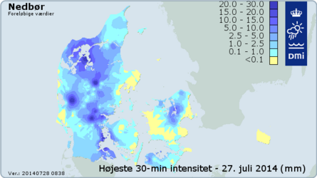 30 min. maksimum nedbørintensitet den 27. juli 2014.