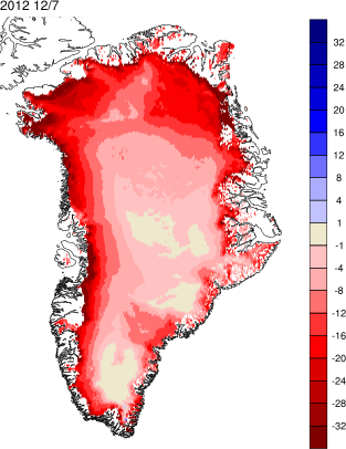 Kort over massebalancen (ændring af is og sne i mm/dag) den 12. juli 2012