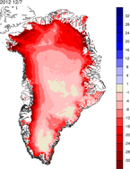 Kort over massebalancen (ændring af is og sne i mm/dag) den 12. juli 2012