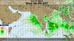 Vejrkort, som viser monsunen, der blæser med kulingstyrke fra Det Arabiske Hav ind mod Indiens vestkyst