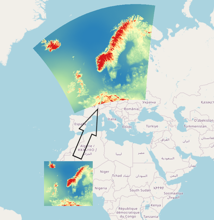 Visualization of the rotated coordinate system for HARMONIE