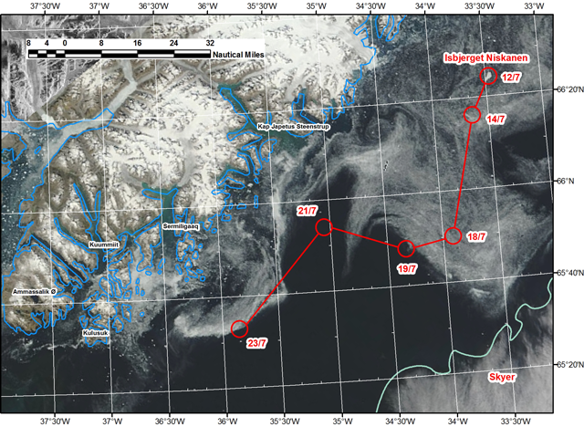 Isøen vist på MODIS satellitbillede.