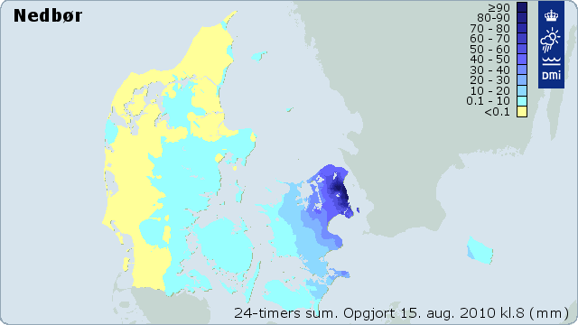 Kort over 24-timers nedbørssum i Danmark