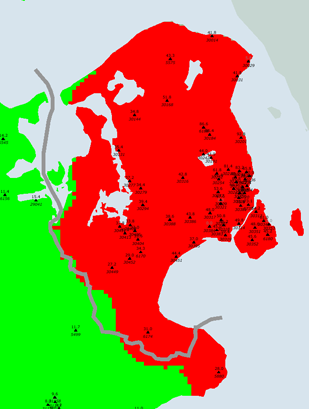 Kort over områder med kraftig regn