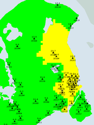 Kort over område med skybrud