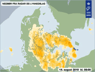 Animation af regn over Danmark