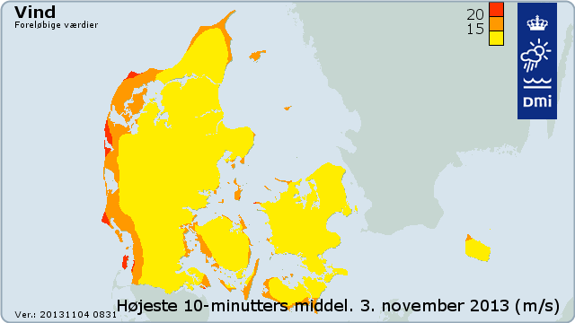 Grafik kraftigste middelvind 3. november 2013