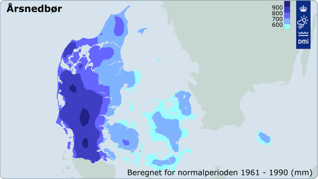 Kort over årsnedbør 1961-1990