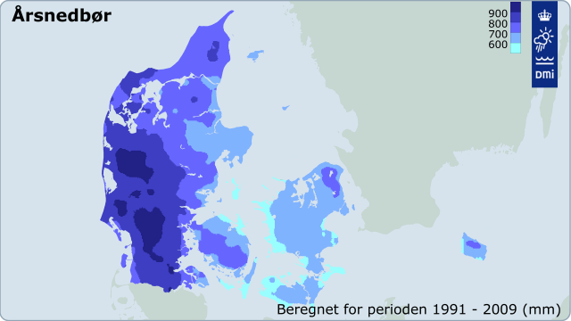 Kort over årsnedbør 1991-2009