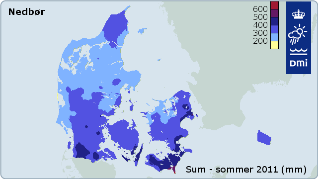 Samlede mængde af regn over Danmark gennem sommeren 2011