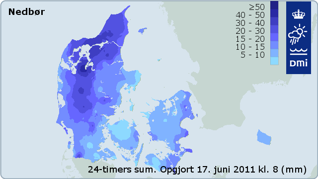 Nedbør over Danmark den 16. juni 2011.