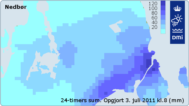 Nedbør i hovedstadsområdet og omegn den 3. juli.