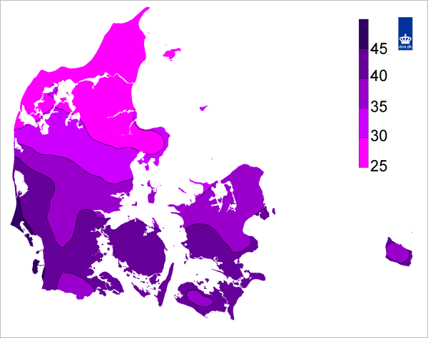 Danmarkskort med kraftigste vindstød i 1999