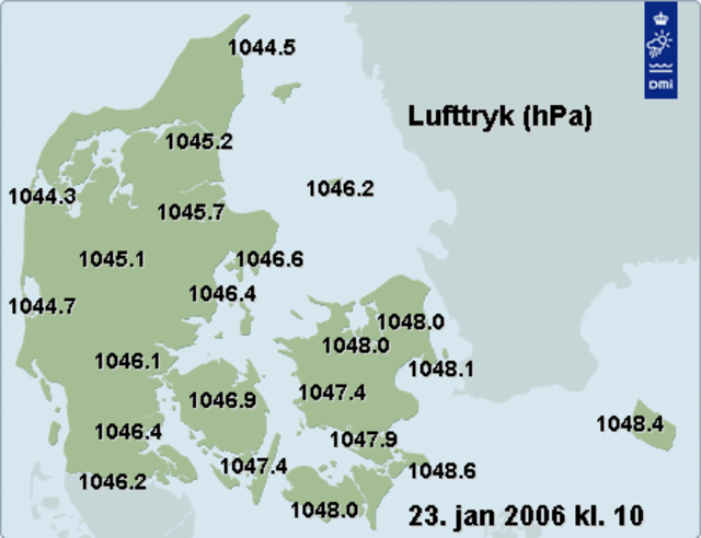 Danmarkskort over lufttryk