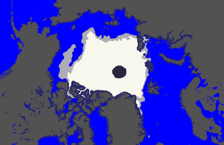 Verdenskort med is på polarcirklen