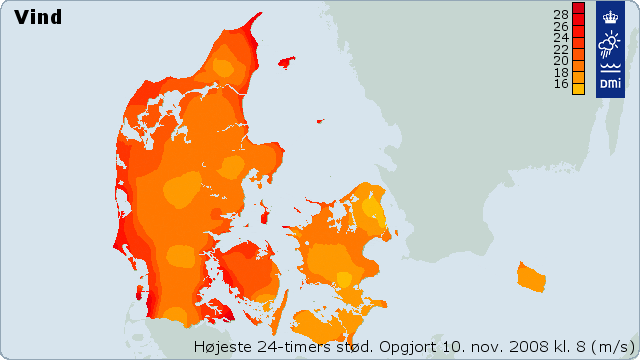 Styrken af vindstød over Danmark