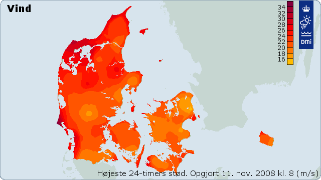 Styrken af vindstød over Danmark