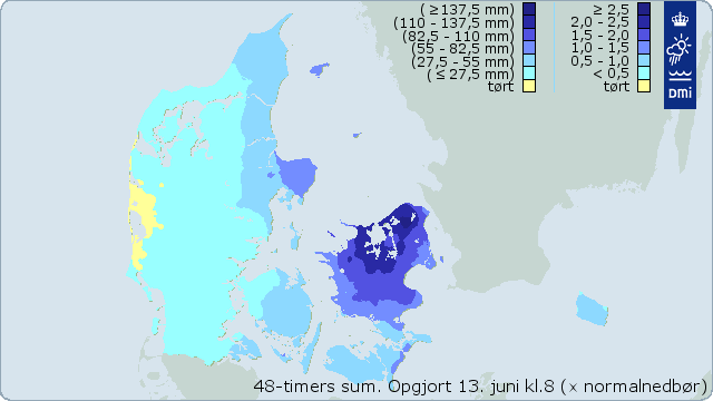 Nedbør fordelt over Danmark