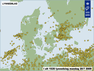 Fordeling af lyn over Danmark