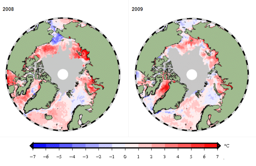 Havoverfladetemperatur i 2008 over for 2009