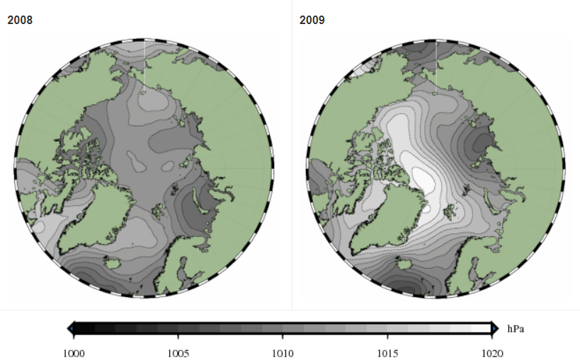 Overfladelufttrykket i 2008 over for 2009