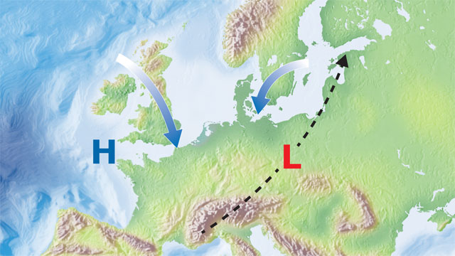 Kort over europa med lavtryk og højtryk