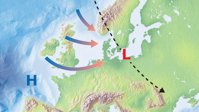 Kort over europa med lavtryk og højtryk