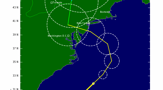 Hurricane Sandys mest sandsynlige bane over de kommende dage