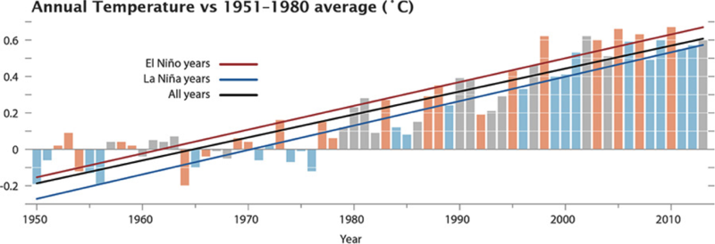 Temperaturafvigelserne fra gennemsnittet 1951-1980 for årene 1950-2013.