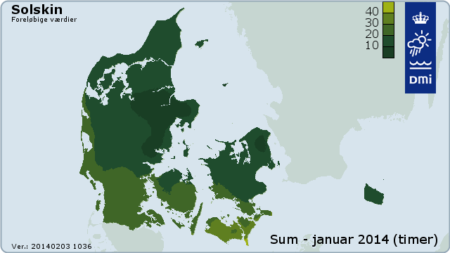 Fordelingen af soltimer i Danmark i januar 2014
