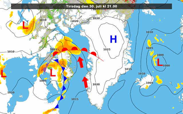 Overblik over vejrsituationen Grønland tirsdag den 30. juli 2013.