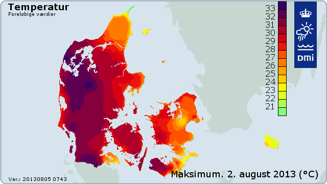 Døgnets højeste temperaturer den 2. august 2013