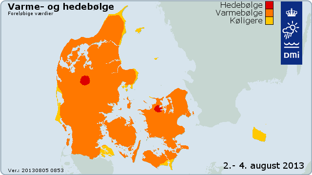 Udbredelsen af varme og hedebølge fra 2. til 4. august 2013