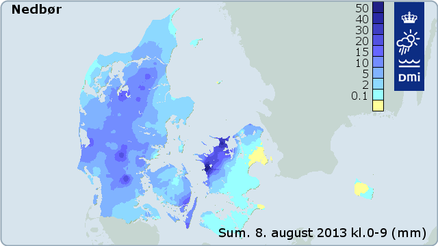 Summen af nattens nedbør den 8. august 2013. 