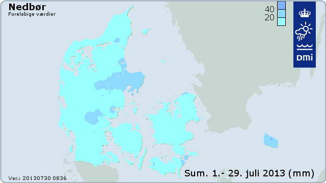 Nedbøren i Danmark 1. til 29. juli 2013