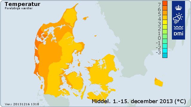 Middeltemperaturen i Danmark i perioden fra 1. til 15. december 2013