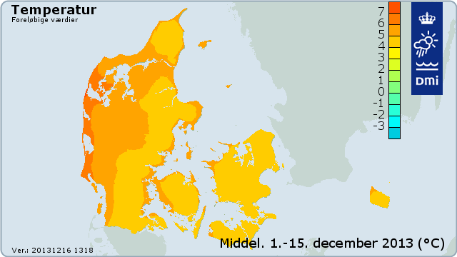 Middeltemperaturen i Danmark i perioden fra 1. til 15. december 2013 Middeltemperaturen i Danmark i perioden fra 1. til 15. december 2013