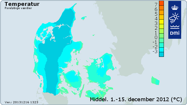 Middeltemperaturen i Danmark i perioden fra 1. til 15. december 2012
