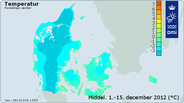 Middeltemperaturen i Danmark i perioden fra 1. til 15. december 2012 Middeltemperaturen i Danmark i perioden fra 1. til 15. december 2012