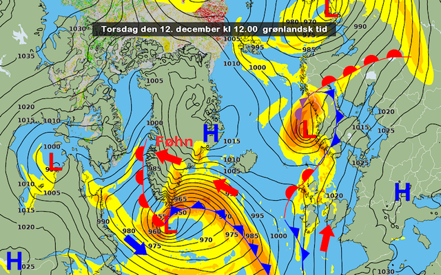 Vejrsituationen over Grønland torsdag den 12. december 2013.
