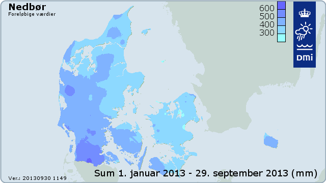 Nedbørens fordeling i Danmark fra 1. januar til 29. september 2013.