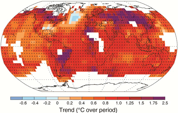 Observerede overfladetemperaturændringer fra 1901 til 2012.